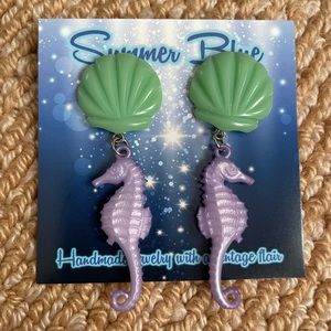 Beyond the Sea - Lucite Seahorse & Shell Earrings Aqua & Lavender Purple. New